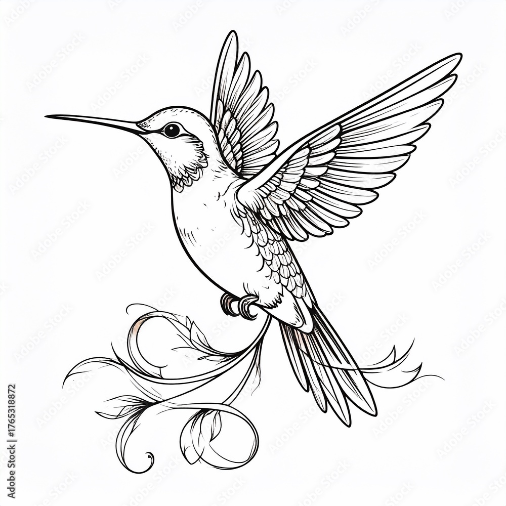 Fototapeta premium Delicate black and white illustration of a hummingbird in flight with ornate floral embellishments