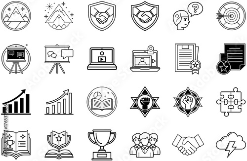 Business Strategy and Team Related Line Icon Set. Includes mountain, handshake, target, presentation, video call, document, growth chart, puzzle, trophy, cloud elements and more. Editable strokes. 