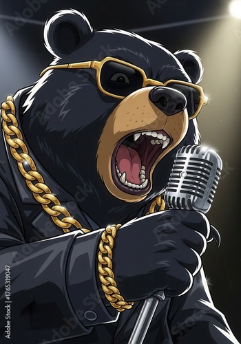 A bear in a suit and sunglasses singing into a microphone