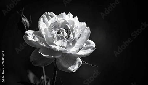 Black and White Close Up of a Peony Flower with Dark Background and Soft Lighting