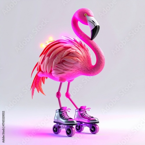 Whimsical flamingo on roller skates with glowing accents, a vibrant, playful scene