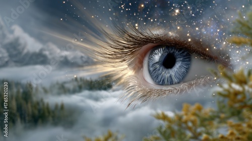 Eyes of the Universe: An eye, framed by nature's elements, gazes towards the celestial tapestry, a fusion of vision and wonder.