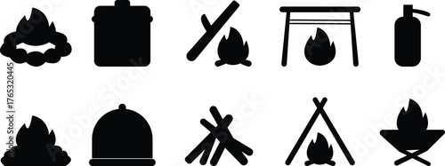 Campfire Icon set ,Fire Flame, Bonfire, Camping, Outdoor Adventure, Nature Travel, Night Camp, Heat Source, Survival, and Wilderness Symbols in Modern Flat Vector Style, simple campfire with flames,