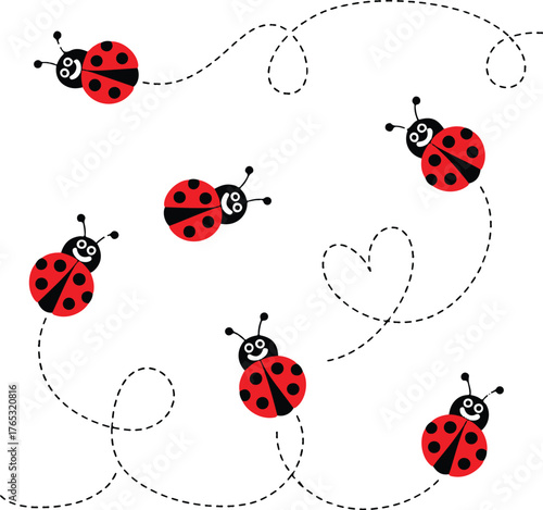 Cute cartoon ladybugs flying in dotted lines on white background