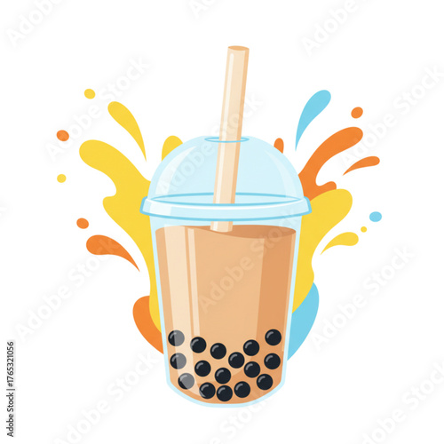 Colorful bubble tea drink with straw and splashes in background  