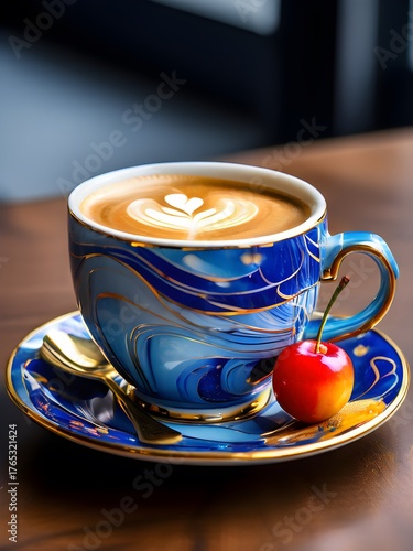 Blue  cup of cappuccino with chocolate and foam