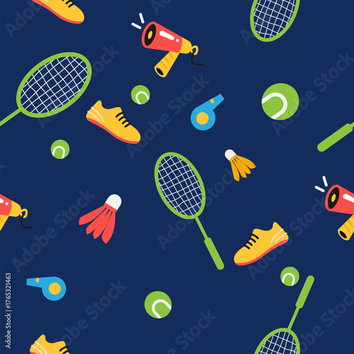 Seamless pattern with tennis and badminton equipment — rackets, shuttlecocks, balls, shoes, and whistles on dark background. Modern and colorful design for sports banners, fabric, and decor.