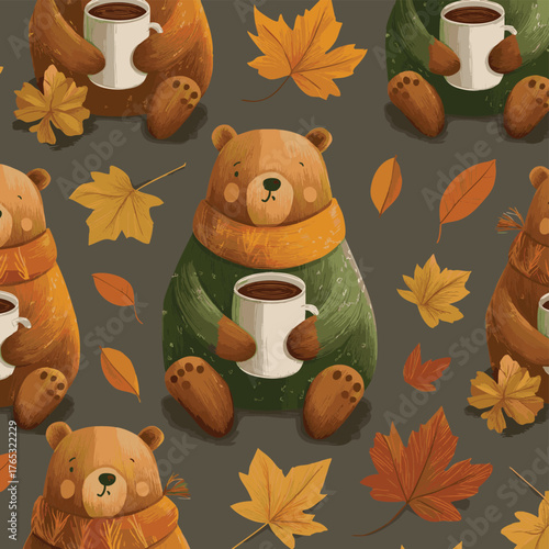 seamless pattern cute cartoon bear with autumn leaves and warm drink. cute animal pattern for autumn background and wallpaper