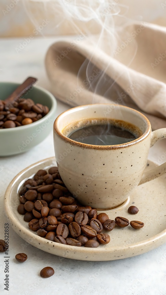 Fototapeta premium A warm cup of freshly brewed coffee sits on a plate surrounded by roasted coffee beans a perfect morning beverage