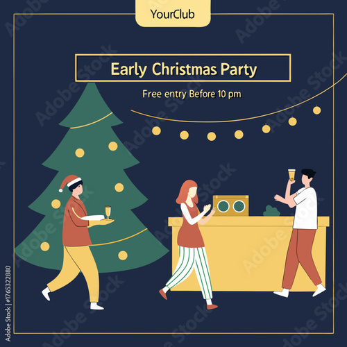 Illustration of early christmas party with people christmas tree lights and bar on a dark background color