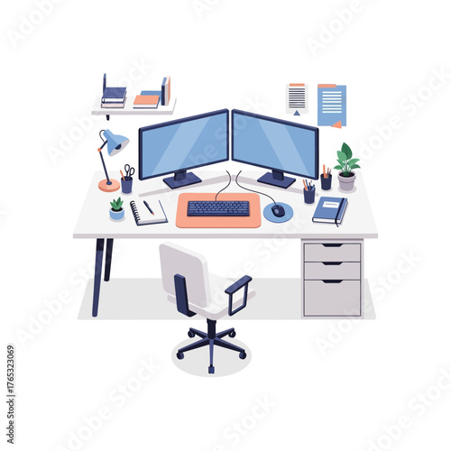 Modern Office Desk with Monitors and Books