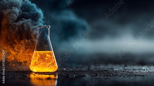 A conical flask filled with orange liquid against a backdrop of smoke and dark particles on the floor