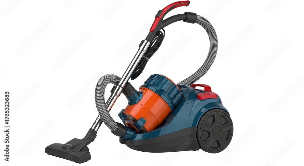 Fototapeta premium Modern blue and orange canister vacuum cleaner isolated on transparent background