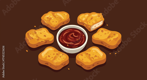 Flat lay illustration of six crispy chicken nuggets arranged around a bowl of ketchup on a dark brown background.