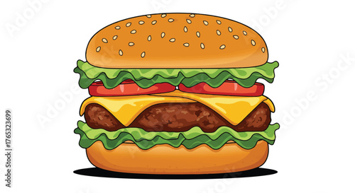 A detailed illustration of a cheeseburger with lettuce, tomato, and cheese on a white background.