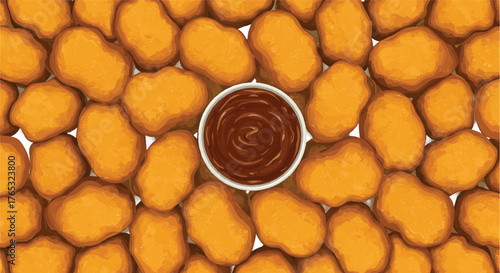 Flat lay of crispy chicken nuggets surrounding a bowl of dipping sauce on white background