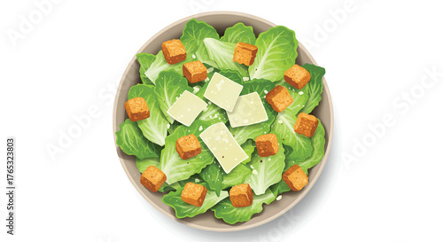 Flat lay of a fresh romaine lettuce salad with croutons and cheese in a bowl on a white background