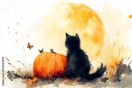 Watercolor Halloween illustration of a black cat sitting beside a pumpkin, looking up at glowing full moon.