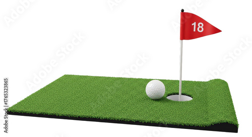 Tableau sur toile Golf ball on putting green with flag isolated on transparent background