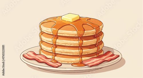 Stack of pancakes with butter and syrup on a plate with bacon slices on a beige background.