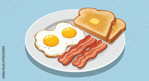 Flat lay illustration of a plate with fried eggs, crispy bacon, and toasted bread on a blue background.