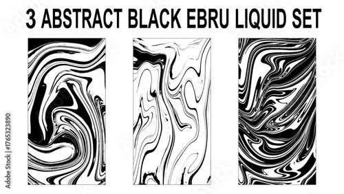 Set of black and white abstract background. Ebru set, Turkish marbling art background. Collection. 