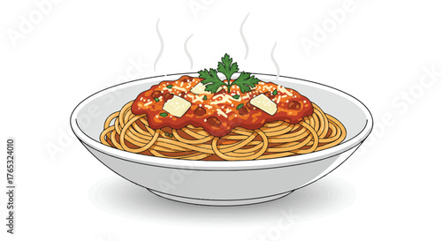 Steaming plate of spaghetti with tomato sauce and melted cheese on a white background.