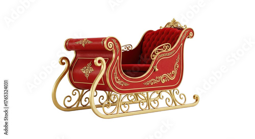 Ornate red and gold christmas sleigh isolated on transparent background