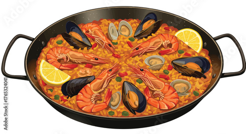 Paella dish with seafood and lemon slices in a pan on white background