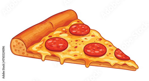 A slice of pepperoni pizza with melted cheese on a plain background.