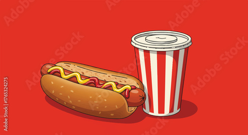 Illustration of a hot dog with ketchup and mustard next to a disposable cup on a red background.