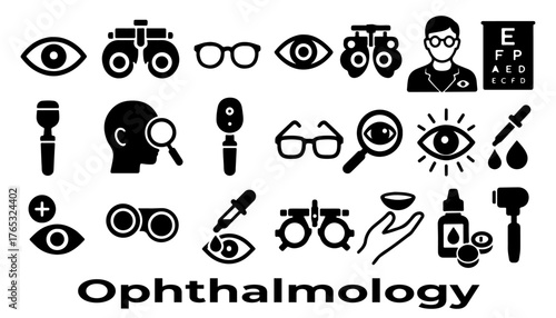 Ophthalmology Vector Icons Set – Eye Care and Vision Medical Symbols Silhouette