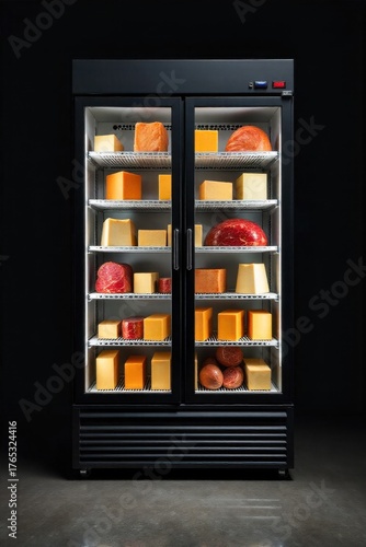 Industrial Commercial Refrigerator Displaying Chilled Meats and Cheeses An angled shot of a large, commercial glass door refrigerator. Inside, perfectly arranged rows of vacuum sealed, high quality