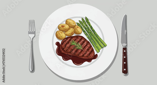 Flat lay illustration of a grilled steak with asparagus and potatoes on a plate with cutlery on a gray background.