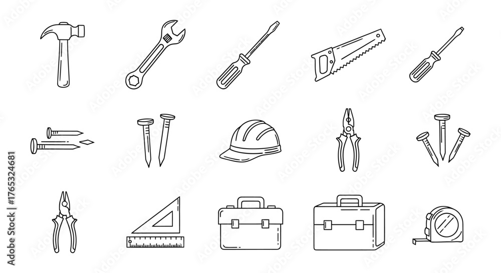 Obraz premium Hand-drawn collection of construction tool icons, including hammer, screwdriver, and toolbox, for DIY and home repair projects