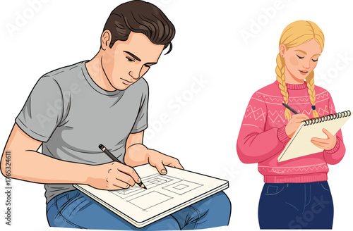 Creative sketching, architectural layout, interior design drawing, artistic collaboration, pencil and marker, design process, sketchpad activity, focused workspace, planning concept