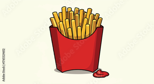 Cartoon illustration of a red french fries container on a pale background.