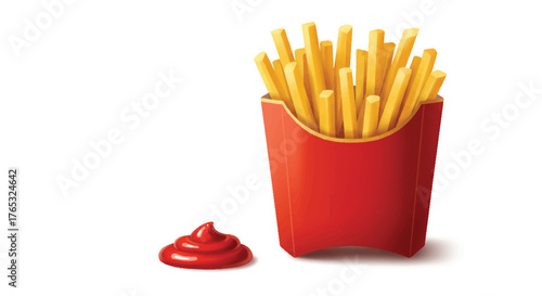 Close-up of a red plastic container filled with french fries and ketchup on a white background
