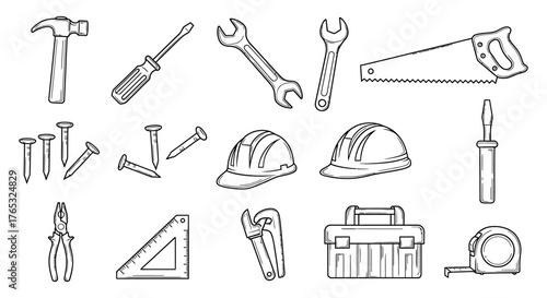 Hand-Drawn Tools and Construction Equipment Set for Creative Projects