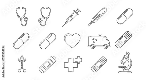 Healthcare Icons Essential Medical Symbols for Health and Wellness, Featuring Stethoscope, Pills, and More