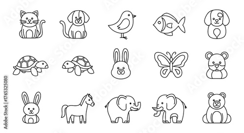 Collection of Line Art Animal Icons Cat, Dog, Bird, Fish, Turtle, Rabbit, Butterfly, Bear, Elephant, Horse