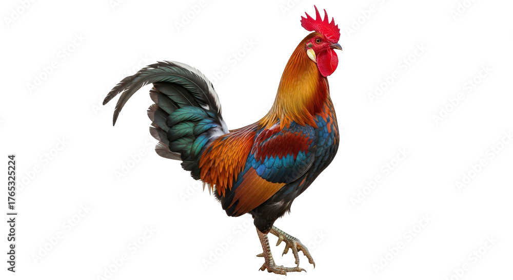 Fototapeta premium A colorful rooster standing proudly isolated on transparent background