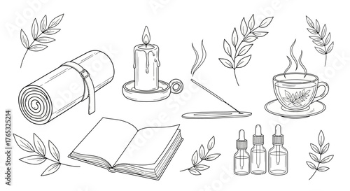 Collection of line art illustrations depicting items associated with relaxation and wellness practices.
