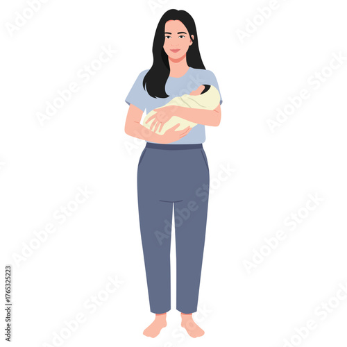 young mother standing and gently holding a swaddled newborn baby in her arms