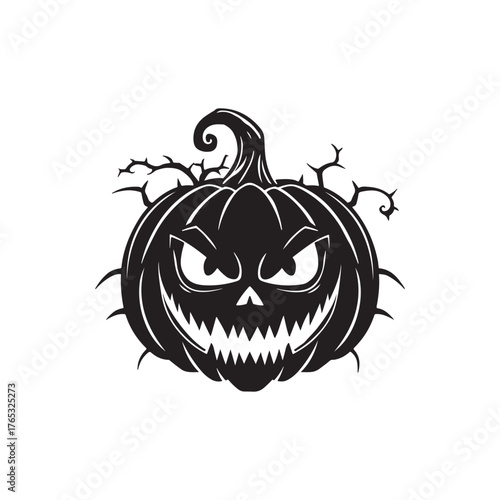 intense and evil carved jack-o'-lantern face black silhouette vector illustration.