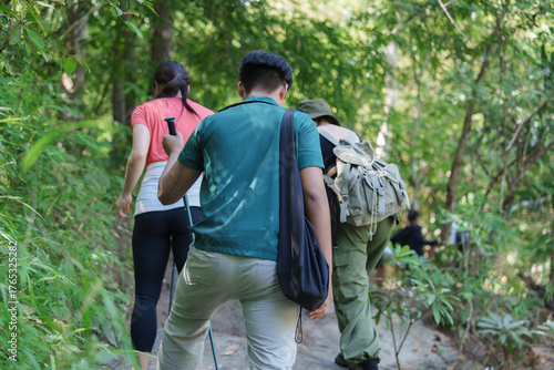 Wallpaper Mural Group of friends hiking through lush forest trail Torontodigital.ca
