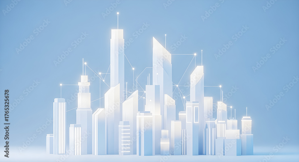 Fototapeta premium Soft Minimal Futuristic Smart City Skyline with Pastel Blue Glow 