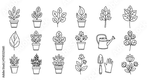 Set of minimalist outline icons for gardening, featuring potted plants, leaves, a watering can, and tools for home horticulture