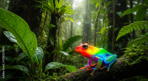 A striking, vividly colored rainbow frog perched on a mossy branch in a lush, sun-drenched jungle. Perfect for environmental campaigns, biodiversity, and vibrant nature photography.