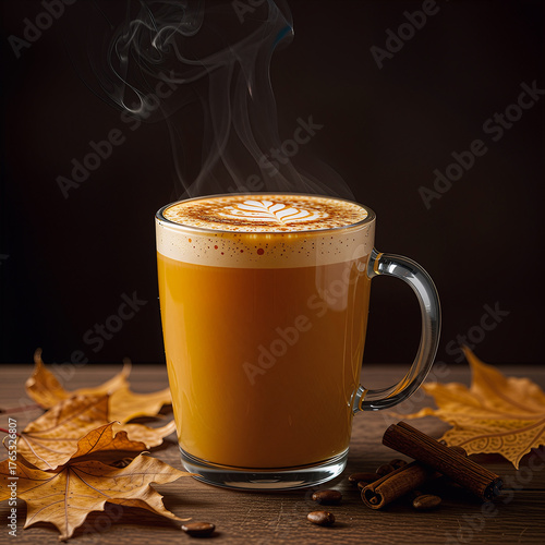 cup of coffee with cinnamon sticks, cappuccino, latte, cafe, espresso, foam,	